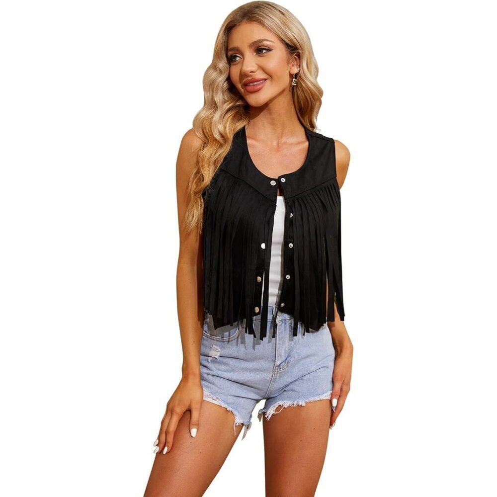 Women Fringe Vest Faux Suede Open-Front Casual Western Boho Size S